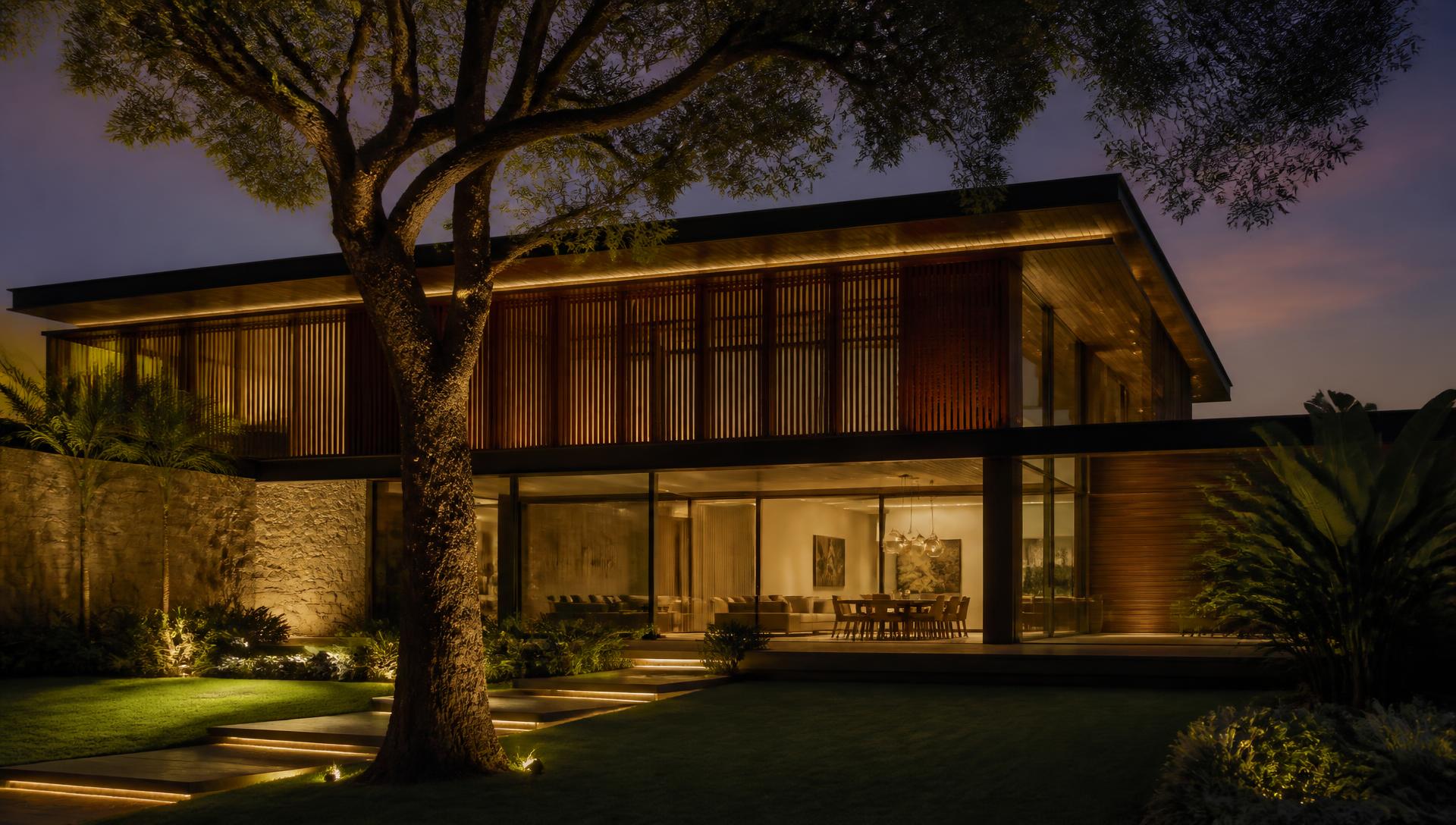 Casa contemporânea iluminada ao entardecer